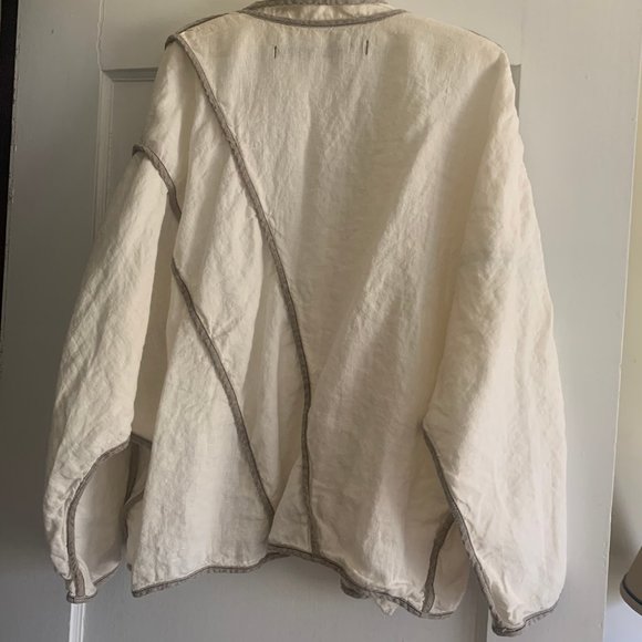 Cynthia Ashby Linen Natural Color Contrasting Trim Black Snap Front Jacket - Picture 5 of 5